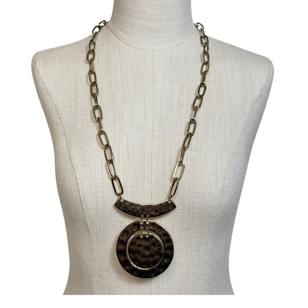 Hammered Gold Tone Geometric Statement Necklace Boho Chunky Pendant
